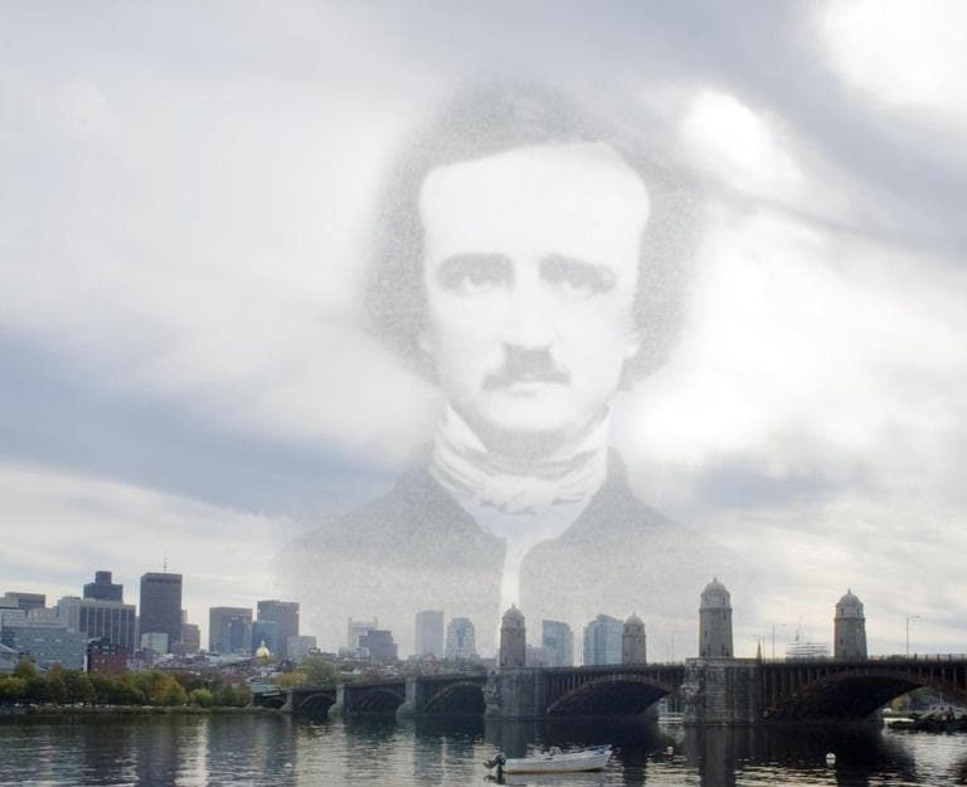 Illustration of Edgar Allan Poe superimposed on a photo of Boston