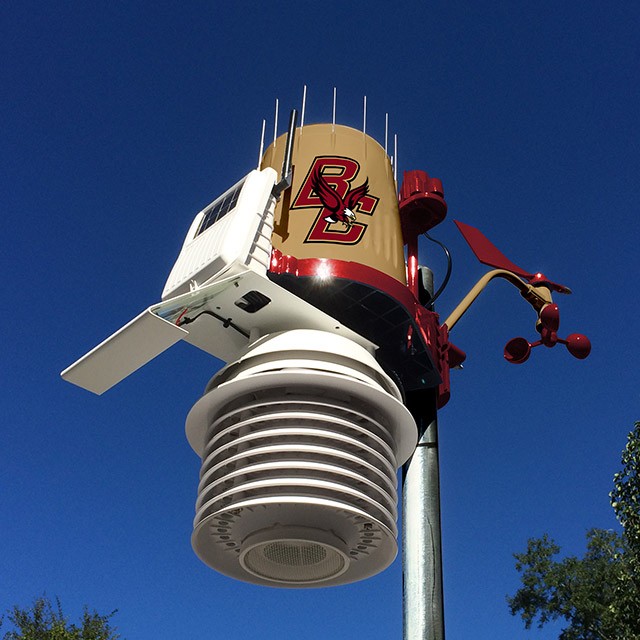 Photo of WeatherSTEM weather station styled with the Boston College colors and logo
