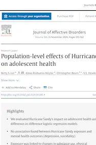 An image of the front cover of the Population-level effects of Hurricane Sandy on adolescent health