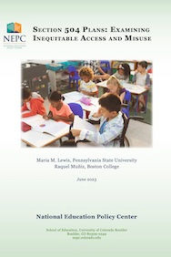 An image of the front cover of the Section 504 Plans: Examining Inequitable Access and Misuse