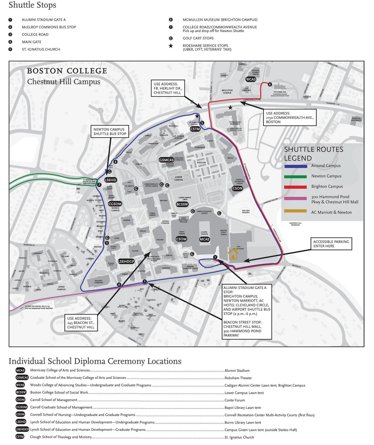 shuttle bus stop map for Commencement 2024