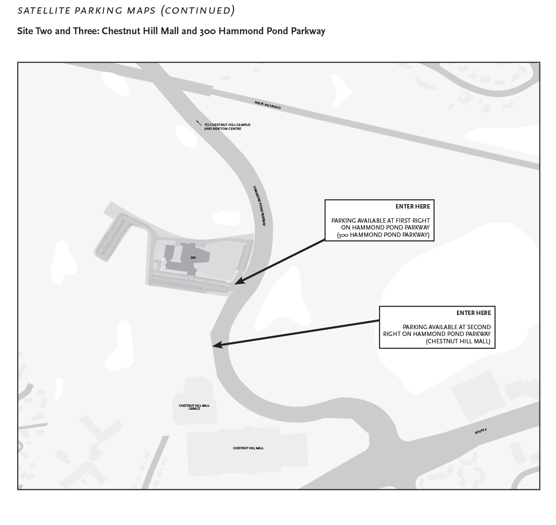 Hammond Pond Parkway and Chestnut Hill Mall satellite parking map for Commencement 2024
