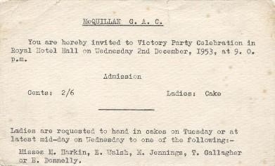 invitation by McQuillan G.A.C. to a victory celebration in 1953