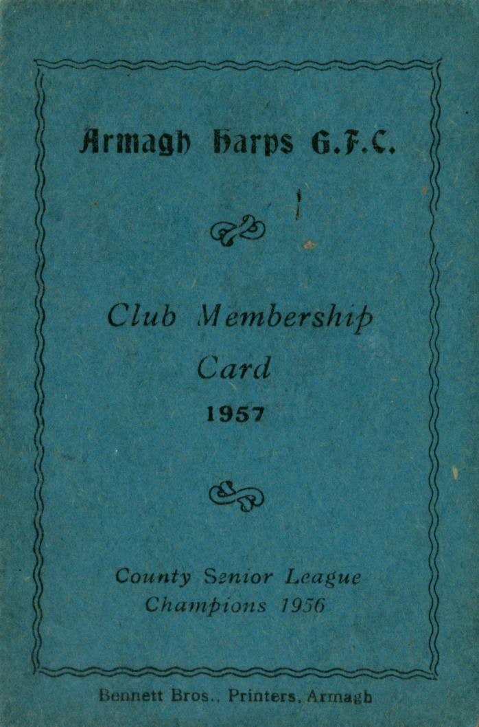 A membership card for Armagh Harps GFC from 1957.
