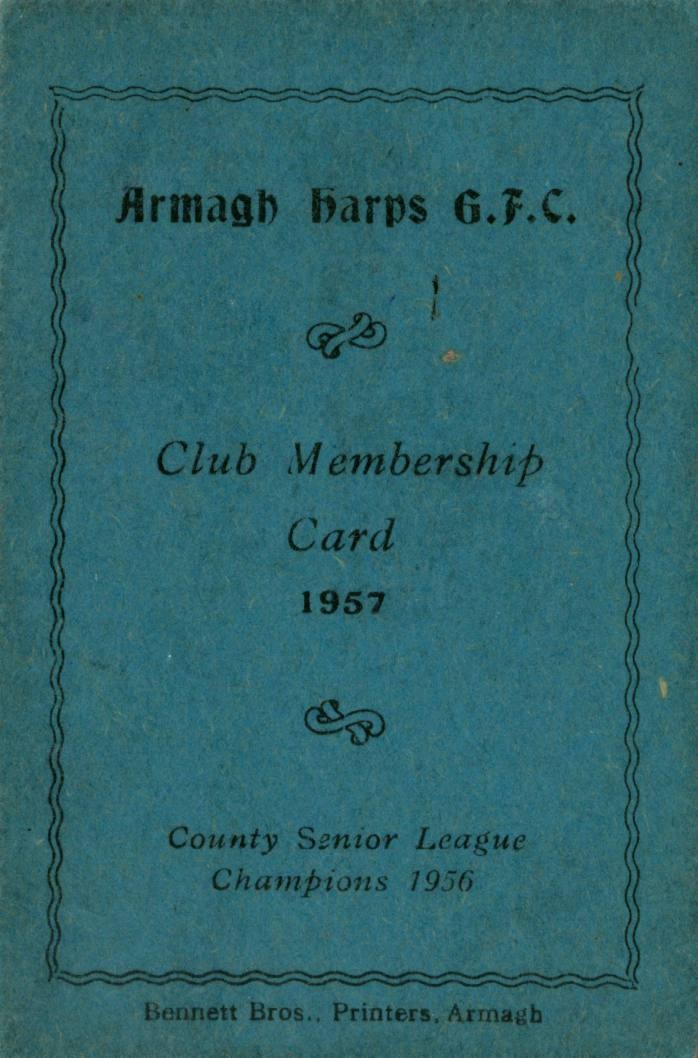 A membership card for Armagh Harps GFC from 1957.