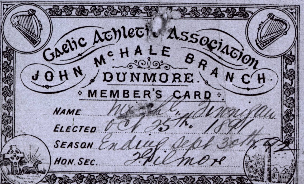 A membership card for Dunmore McHales GAA Club, dated 1891.