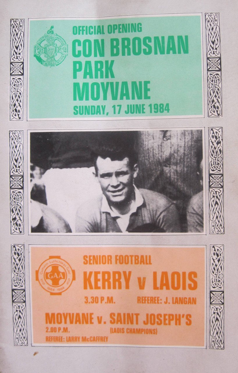 A programme for the opening of Con Brosnan Park in Moyvane, Co. Kerry in June 1984.