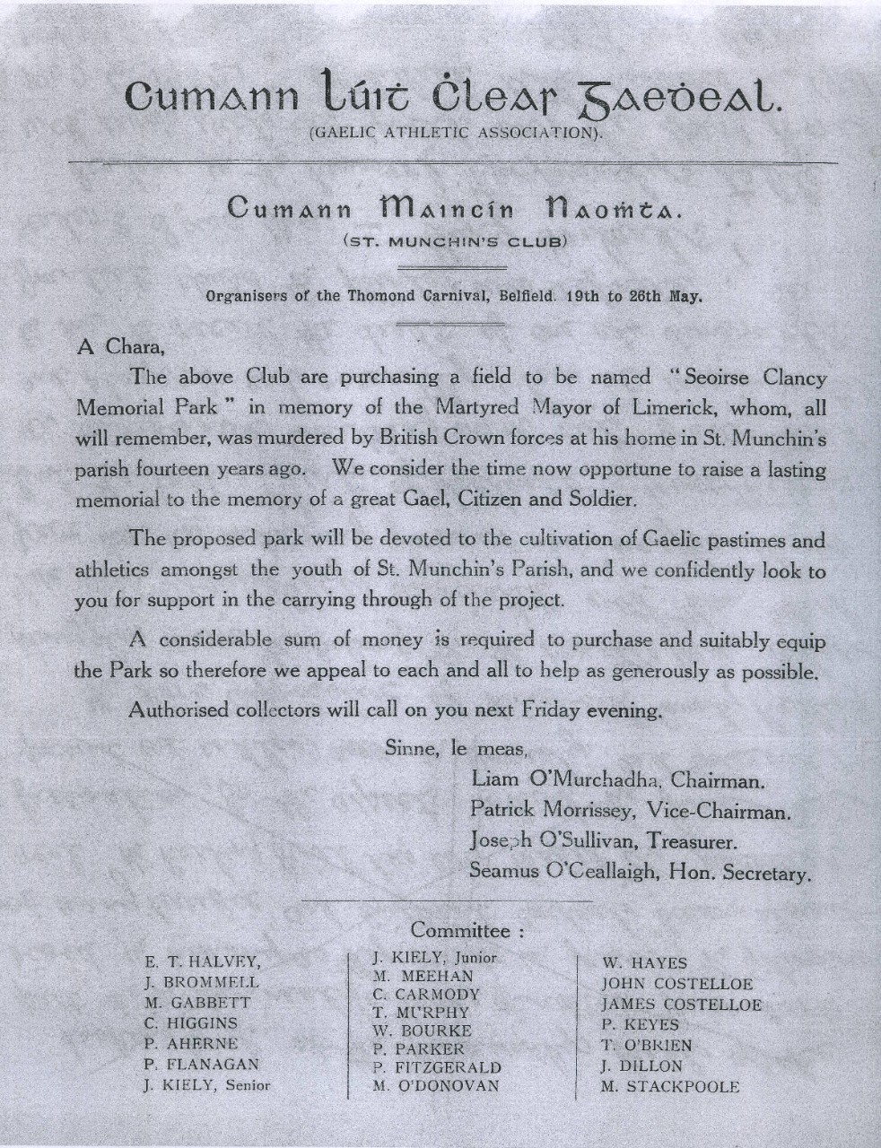 Members of St Munchin's GAA Club appeal for money for their new field, Seoirse Clancy Memorial Park.
