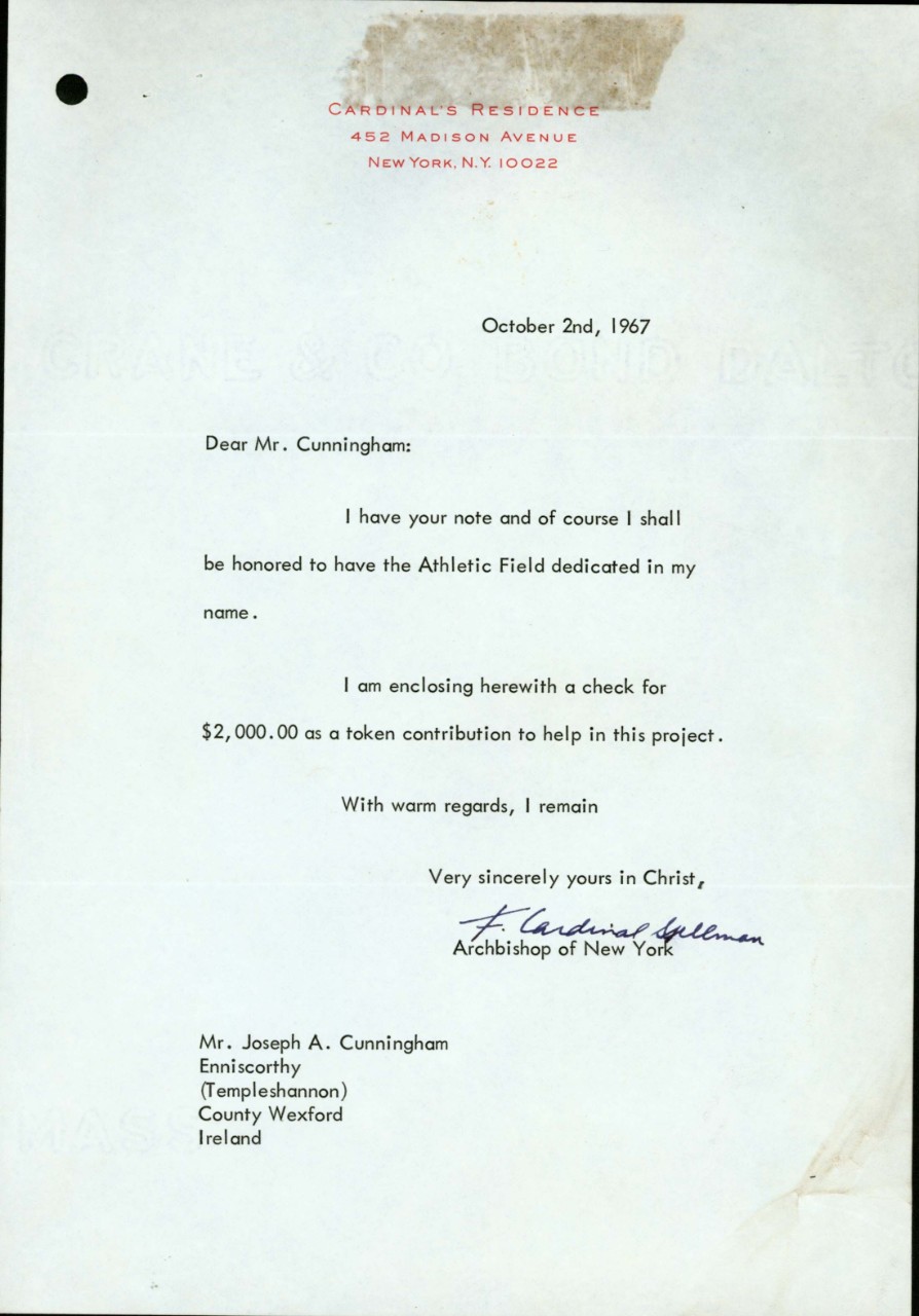 A letter from the Archbishop of New York, Cardinal Spellman, granting Kildavin GAA permission to call their new grounds after him.