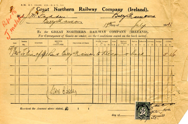 Receipt from the Great Northern Railway Company for a special bus hired to transport a Donegal GAA team from Ballyshannon to Kilcar and back, 1935.