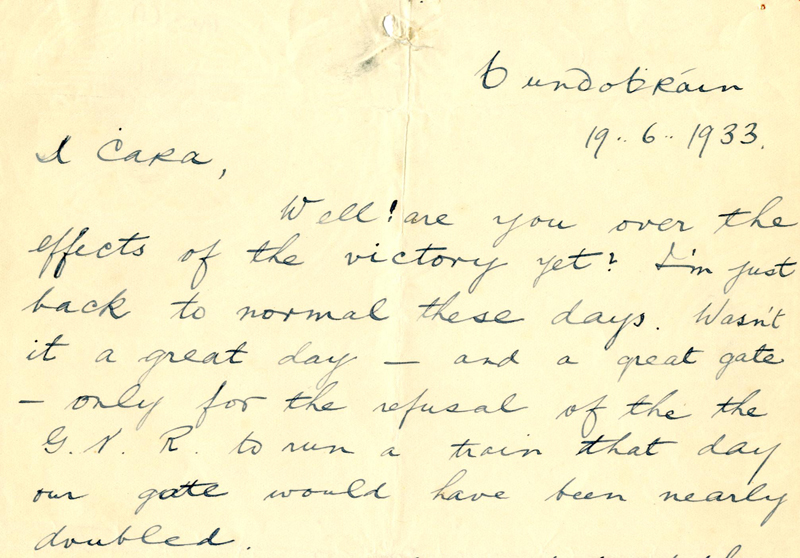 Letter bemoaning the Great Northern Railway’s refusal to run a train to a match, 1933.
