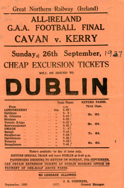 Railway Poster advertising cheap excursion tickets to the Cavan v. Kerry All-Ireland Football Final of 1937.