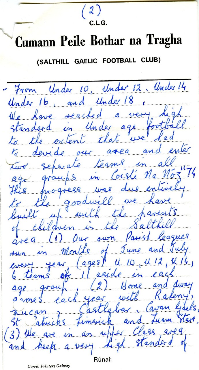 Extract from a letter from Salthill GFC attributing the high standards achieved by the club to the goodwill they have built up with the parents and children of Salthill club, 1974.