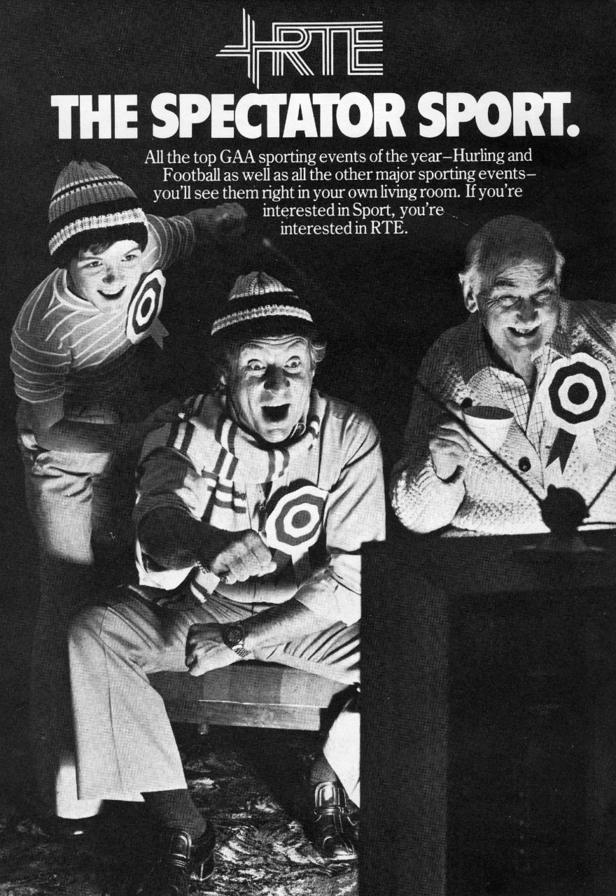 An image of three generations of one family being used in an RTÉ advertisement for its coverage of GAA events in the 1980s.