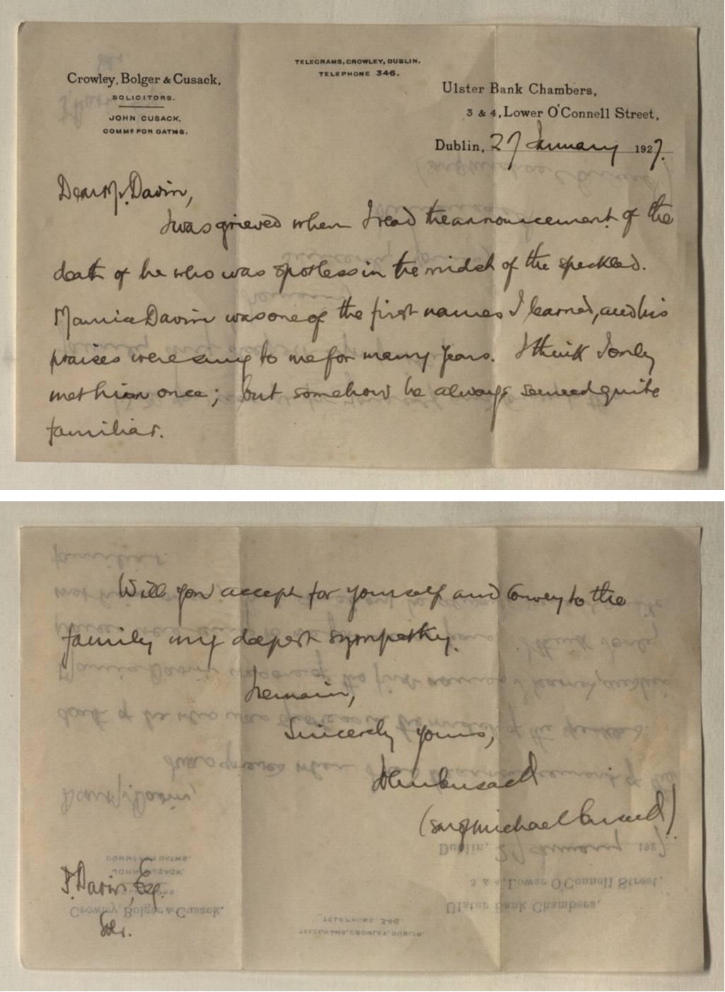 Letter written by the son of Michael Cusack, sympathising with the Davin family on the death of Michael Davin, 1927.