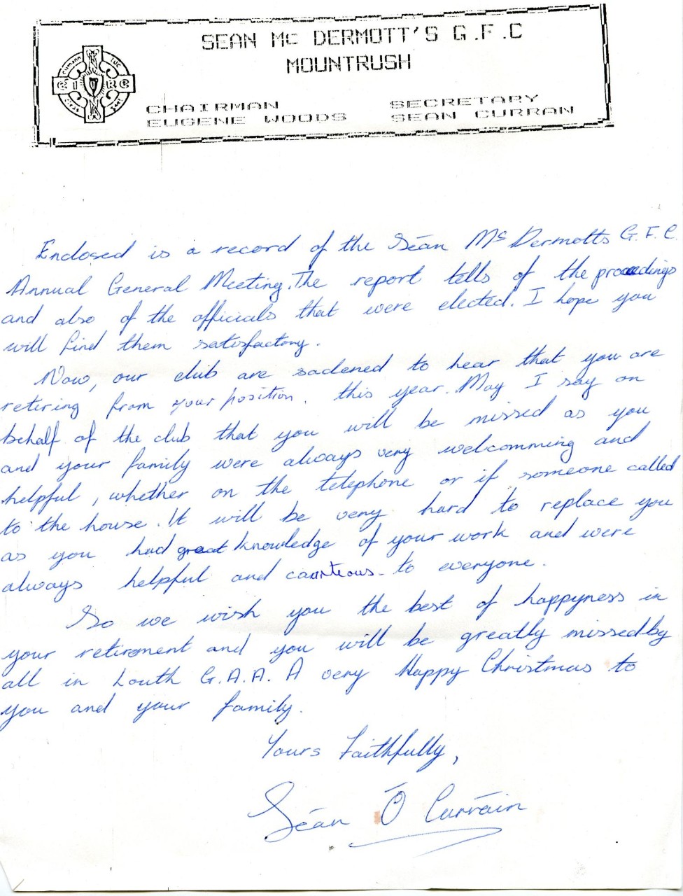 Letter from Sean McDermott’s GFC, Mountrush, to Peadar Kearney, Secretary/Treasurer of Louth County Board, on the occasion of his retirement, thanking him and his family for their help over the years, 1988.