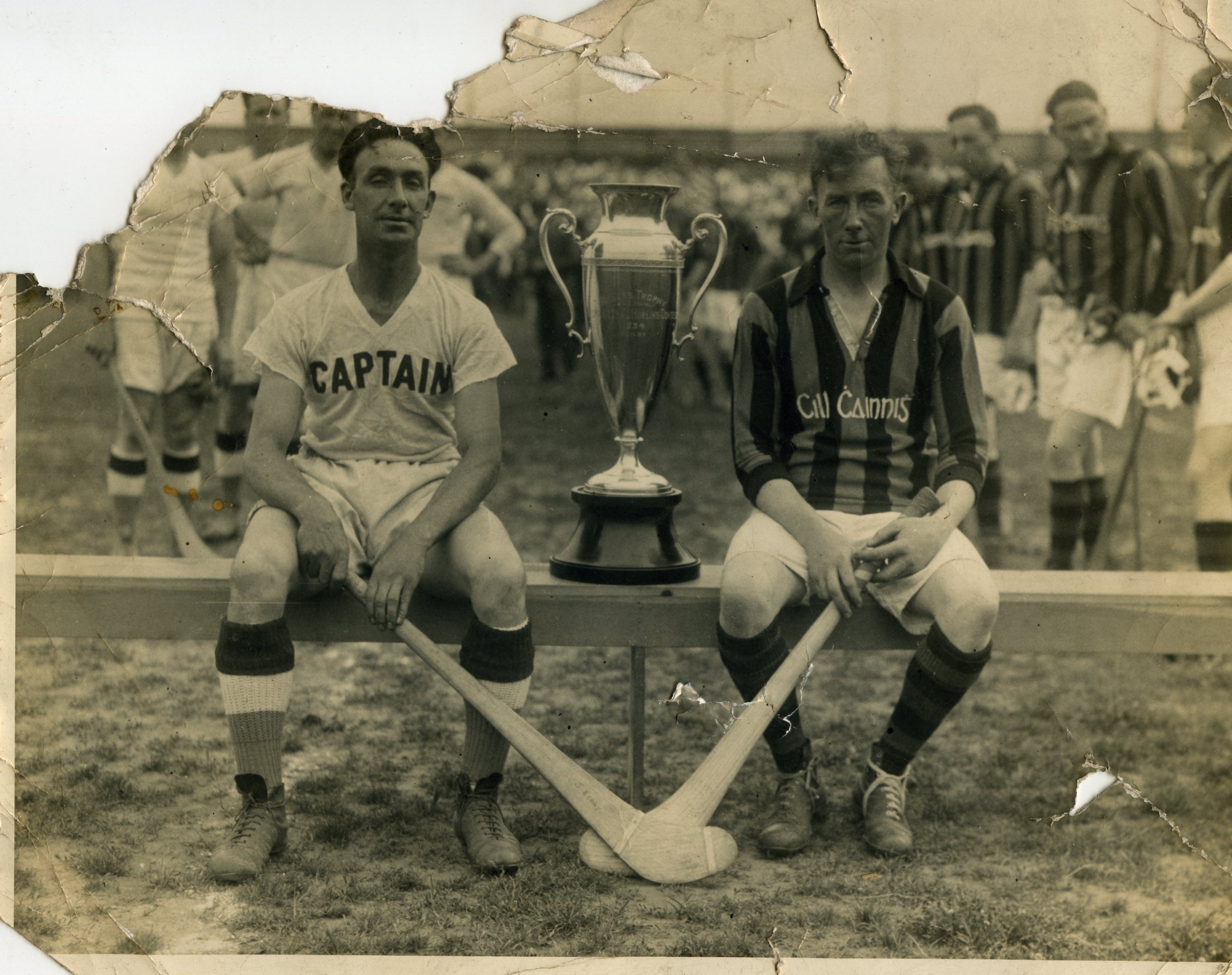 The captains of the Kilkenny and New York teams pictured here with the Hearne Cup in Gaelic Park, 1934.