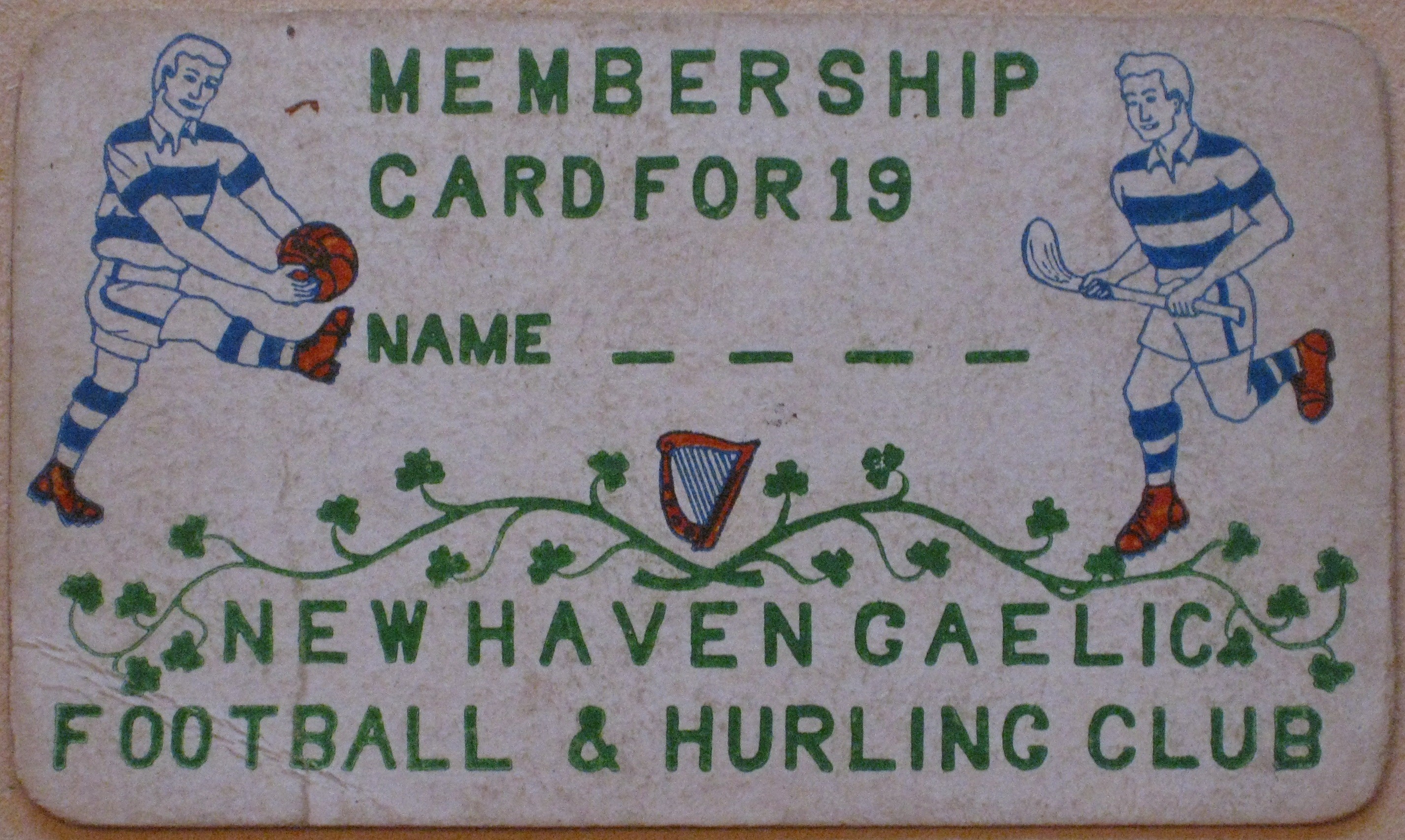 A membership card for New Haven Gaelic Football and Hurling Club, Connecticut.