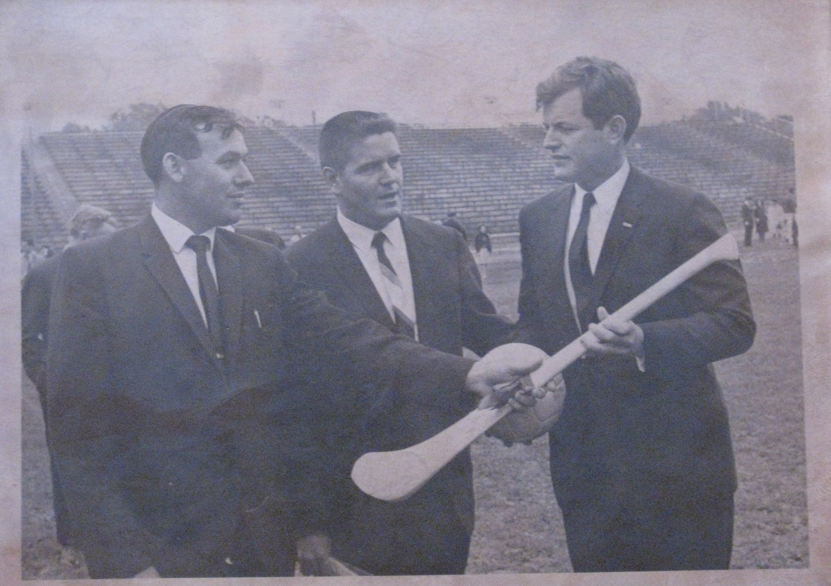 Members of the New Haven Gaelic Football and Hurling Club present a football and hurl to Bobby Kennedy. Politicans were frequent visitors to GAA events across the United States.
