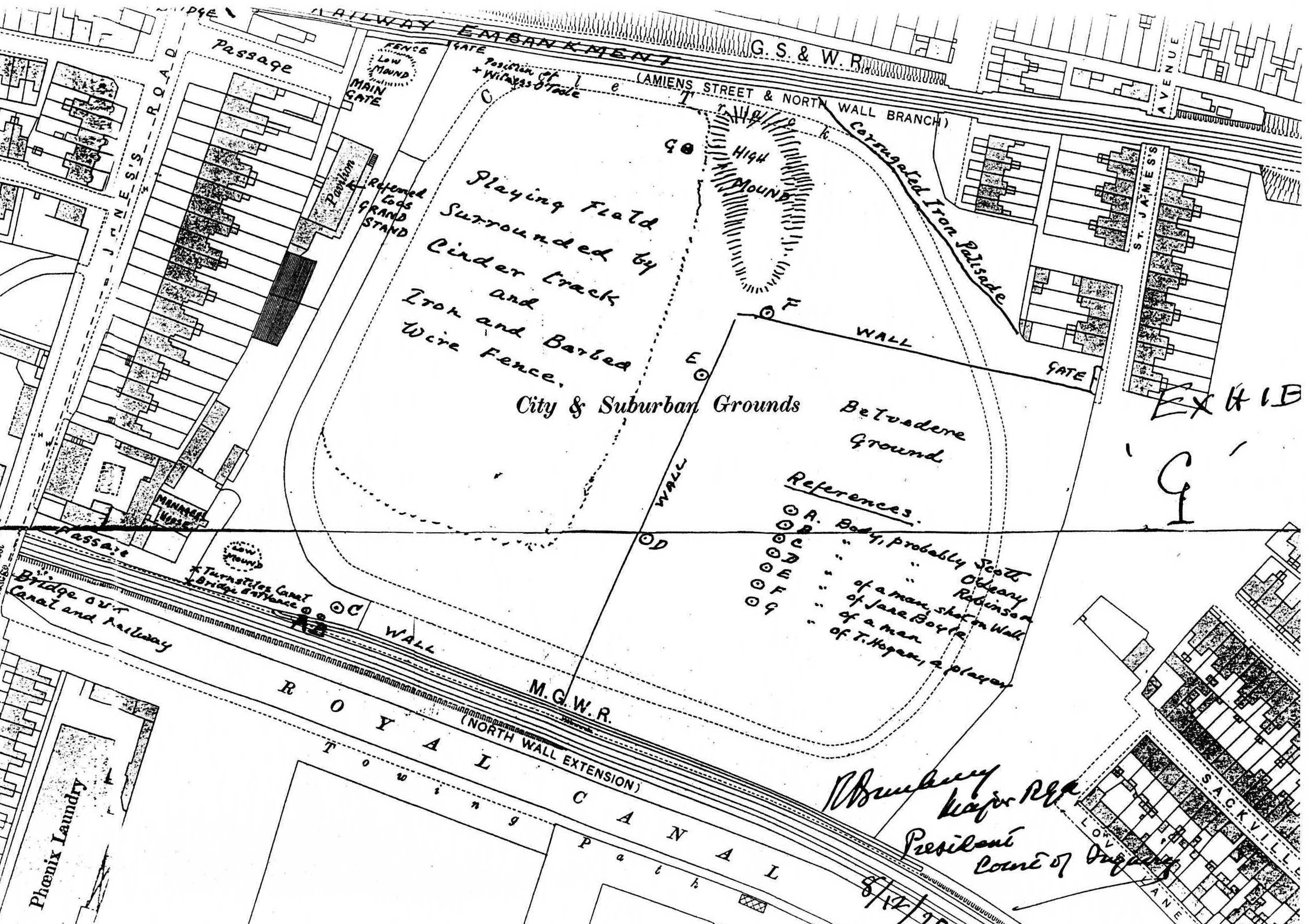 Map of Croke Park used in the Bloody Sunday Military Court of Inquiry, showing the layout of the grounds and the locations where people were shot.