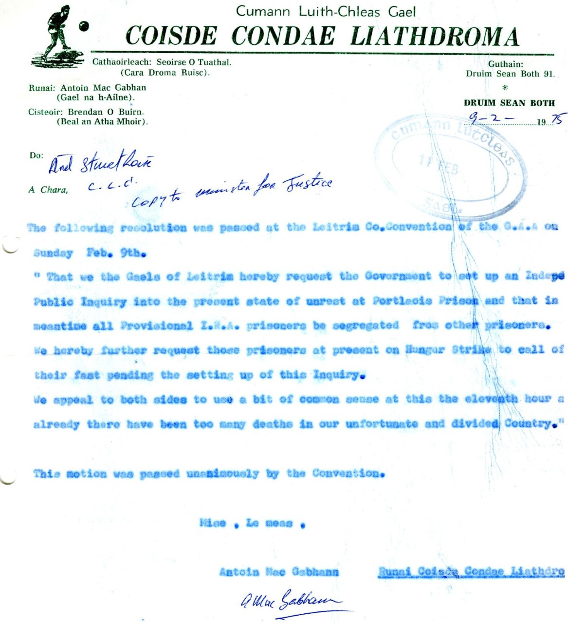 Resolution from the Leitrim County Convention requesting the Irish Government to set up an inquiry into the unrest in Portlaoise Prison and requesting that the prisoners call off their hunger strike pending the setting up of the inquiry, 1975.