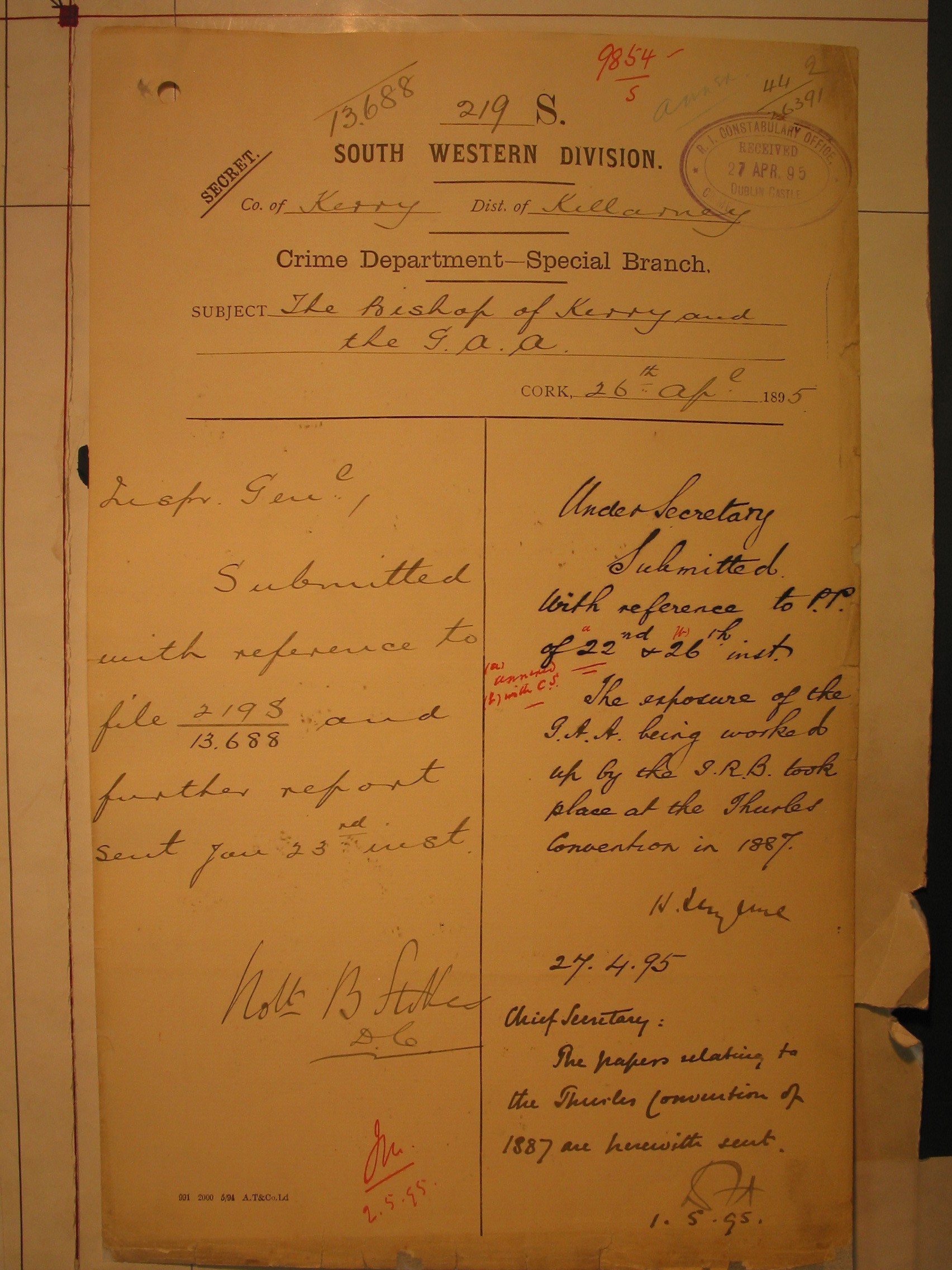 Crime Department Special Branch Report from Co. Kerry relating to Bishop Coffey's denouncement of the GAA as a result of its links with secret societies, 1895.