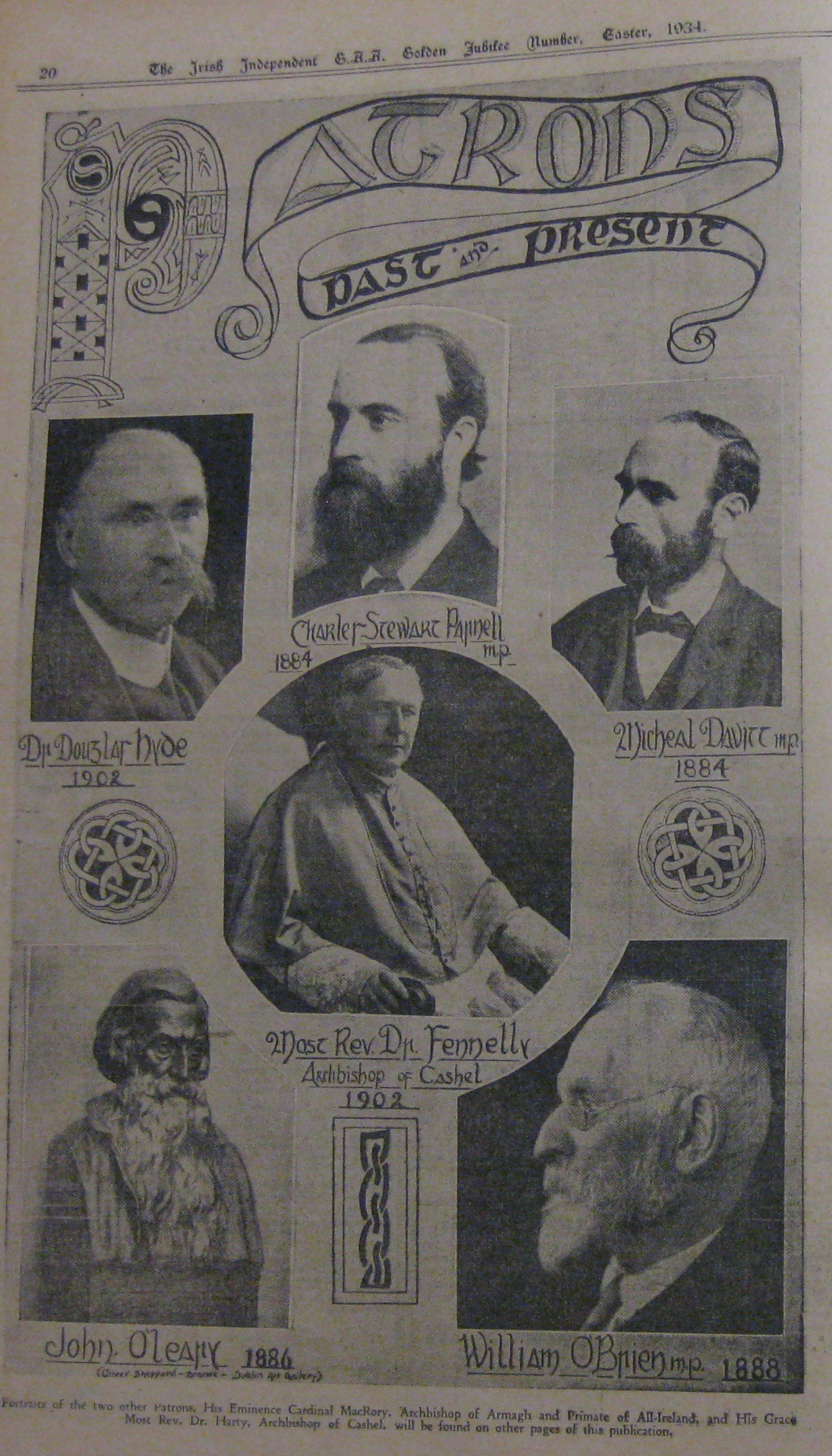 Images of a number of the patrons of the GAA prior to 1934. All of the six patrons featured, with the exception of Archbishop Fennelly, were prominent Irish political leaders.