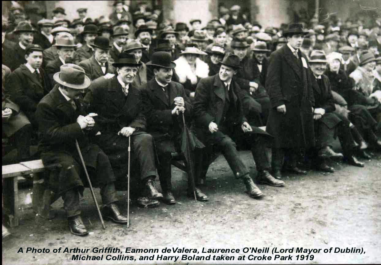 Prominent Irish politicians and GAA men — including Griffith, de Valera, O'Neill, Boland, and Collins — enjoying a match at Croke Park in 1919.