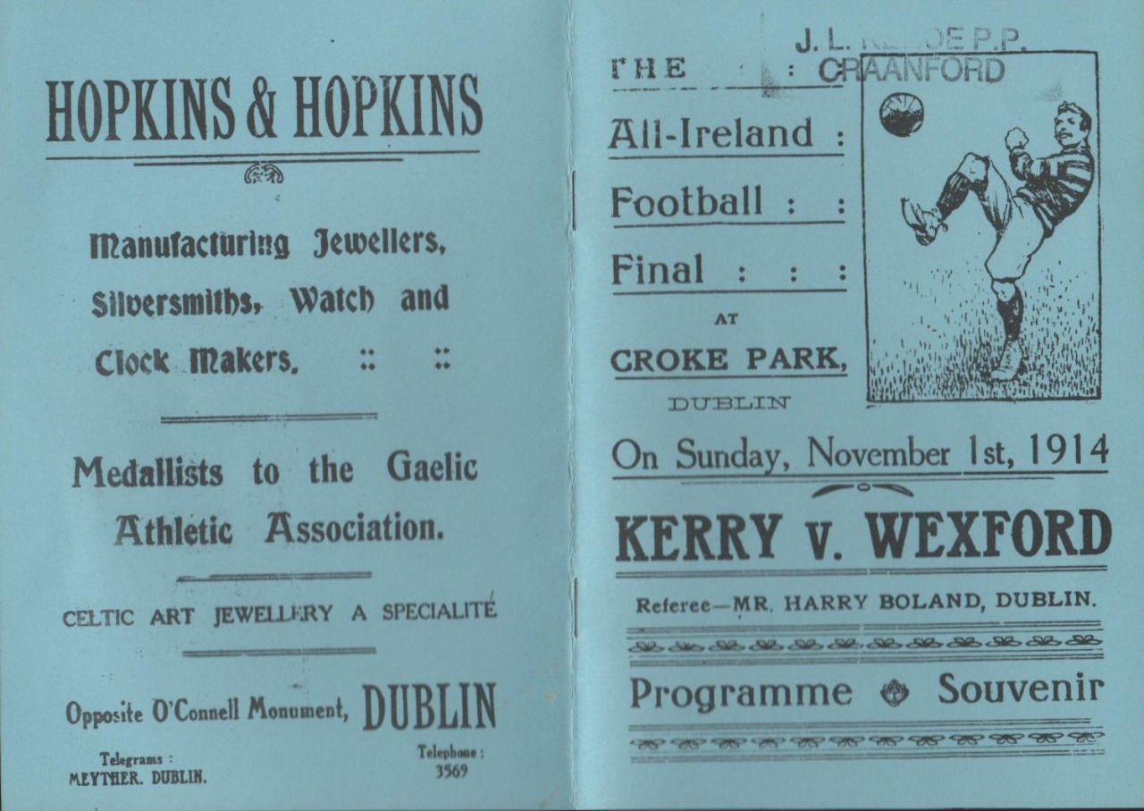 The cover of the programme from the 1914 All-Ireland Final between Kerry and Wexford, which was refereed by Harry Boland. Boland was a prominent anti-Treaty politician who was shot during the Civil War.