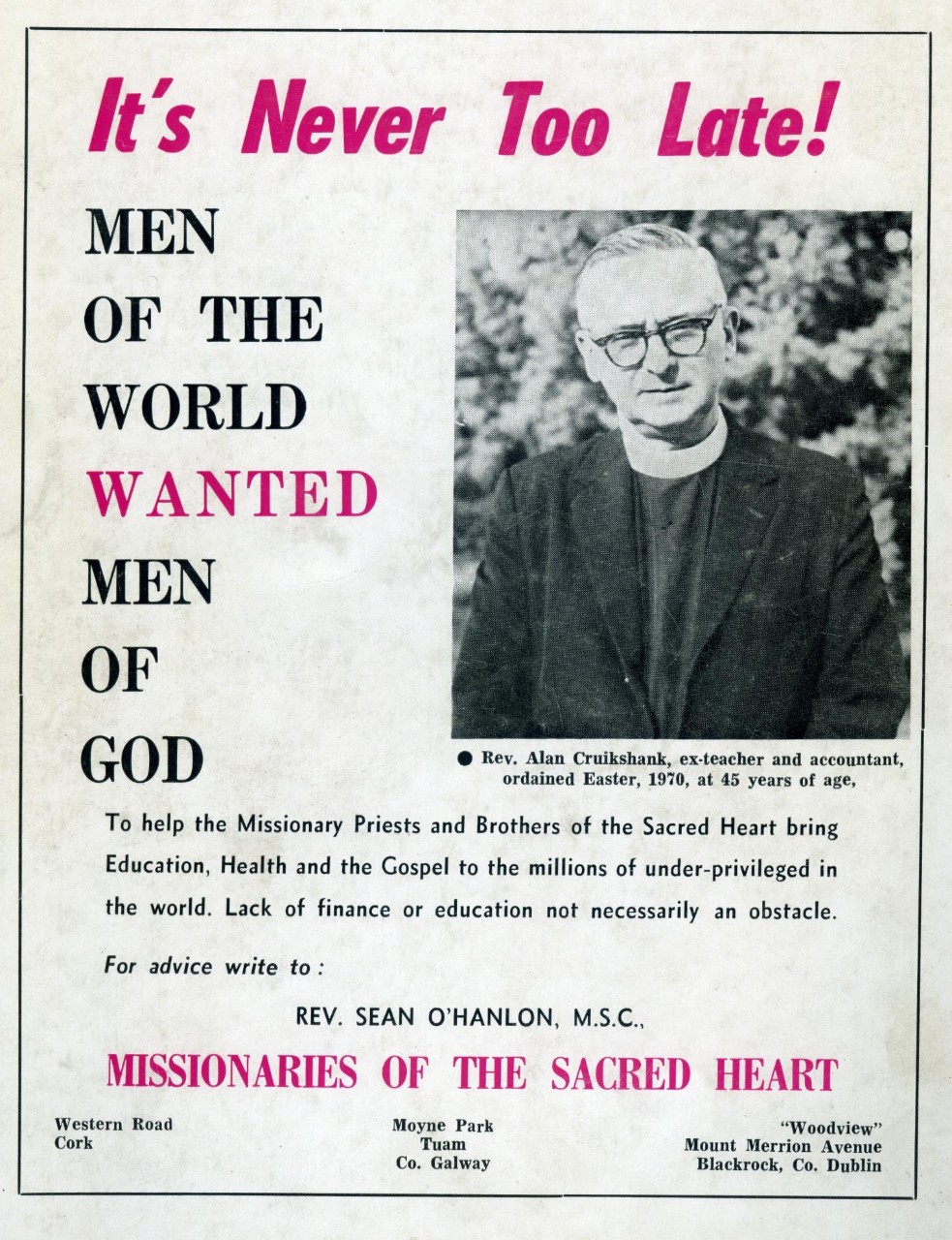 An advertisement by the Missionaries of the Sacred Heart, published on the back of the Our Games Annual from 1972, appealing for men to join them in their work.
