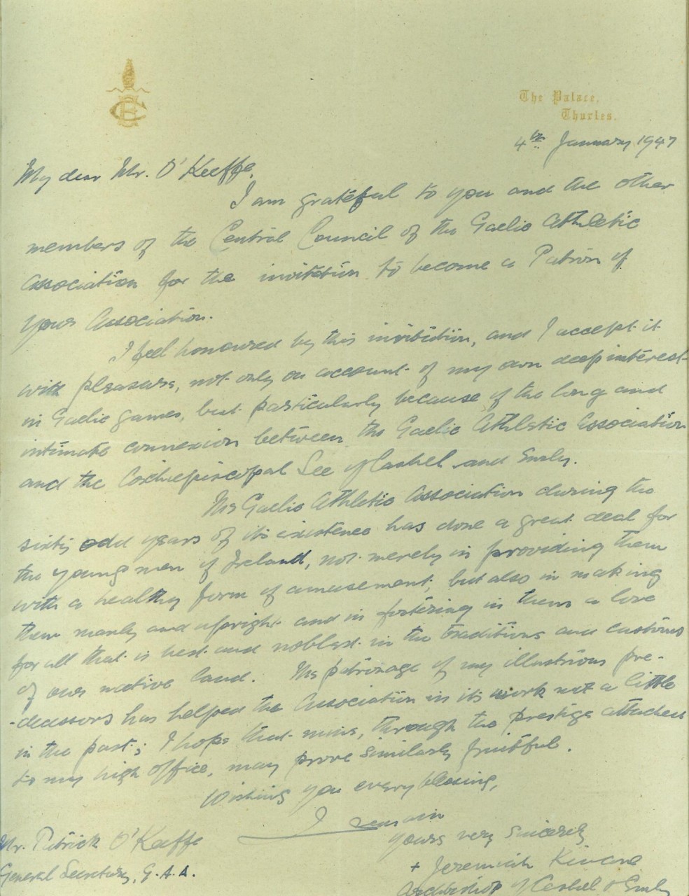 A letter from Archbishop Kinane, dated 4th January 1947, accepting the GAA's invitation to become a patron of the Association. Kinane recalls the long-standing connection between the Archbishops of Cashel and Emly and the GAA.