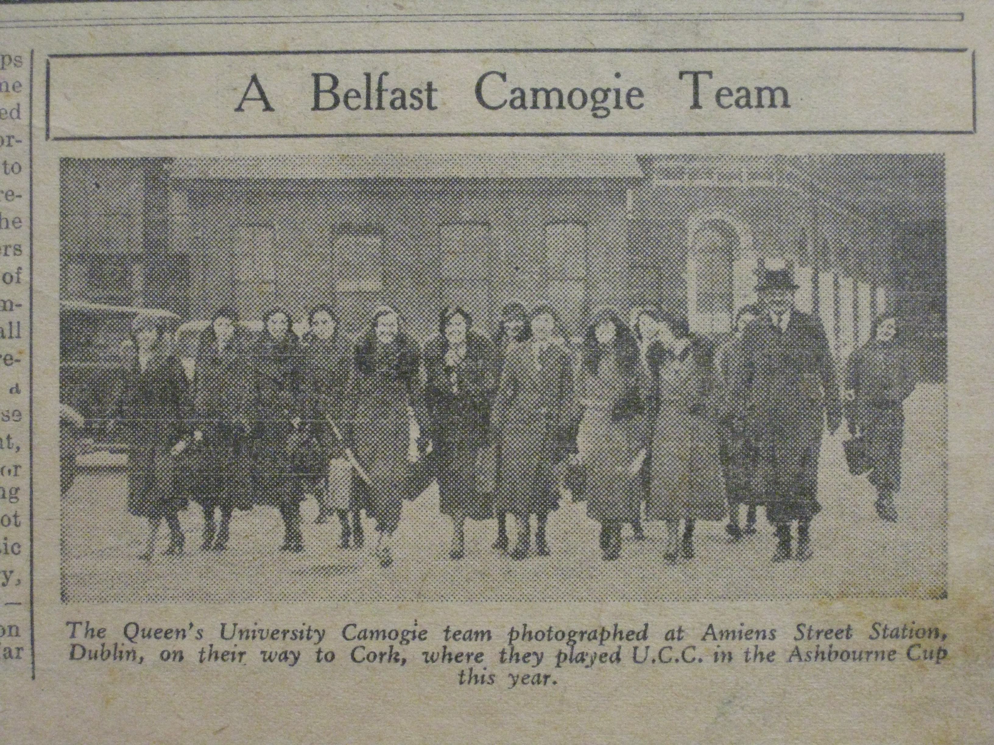 The Queen's University Camogie Team, pictured at Amiens Street Station, Dublin, on their way to play Cork in the Ashbourne Cup, 1934.