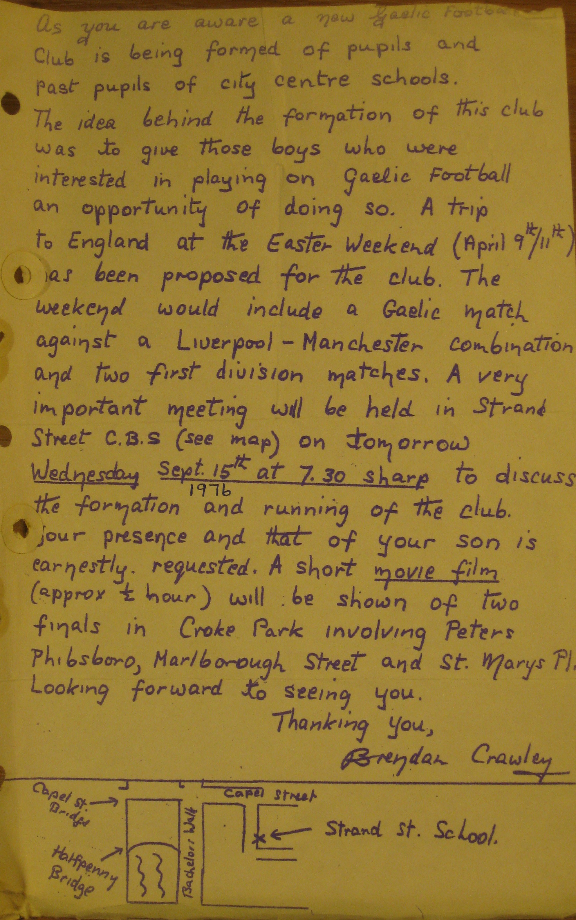 A letter advertising a meeting to discuss the formation and running of a Gaelic football club among the pupils and past pupils of inner-city Dublin schools. The club became known as Matt Talbot GFC.