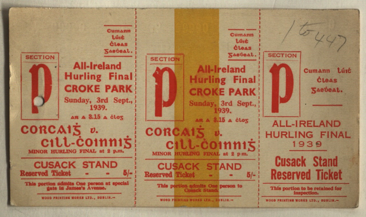 Cusack Stand tickets for the 'Thunder and Lightning' All-Ireland Hurling Final of 1939 between Cork and Kilkenny. A huge thunderstorm occurred during the match, which took place on the same day as World War II began.