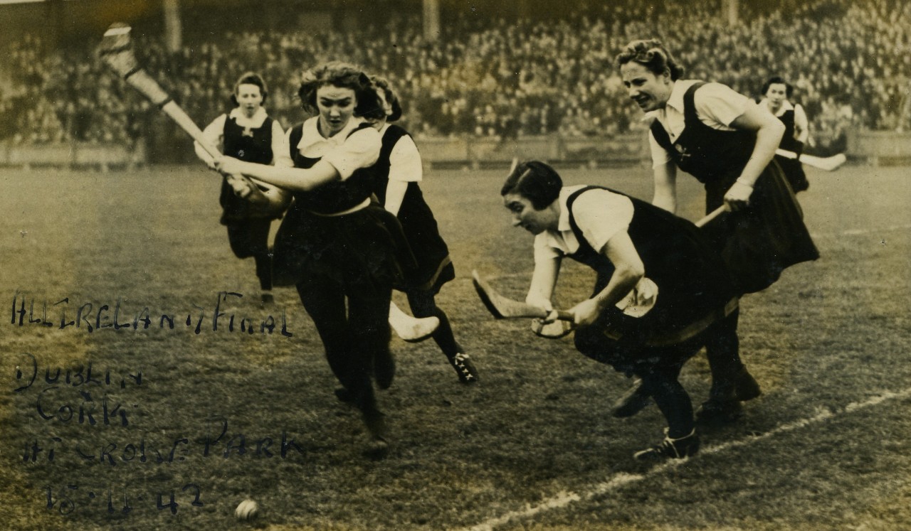Action from the 1942 All-Ireland Camogie Final between Dublin and Cork.
