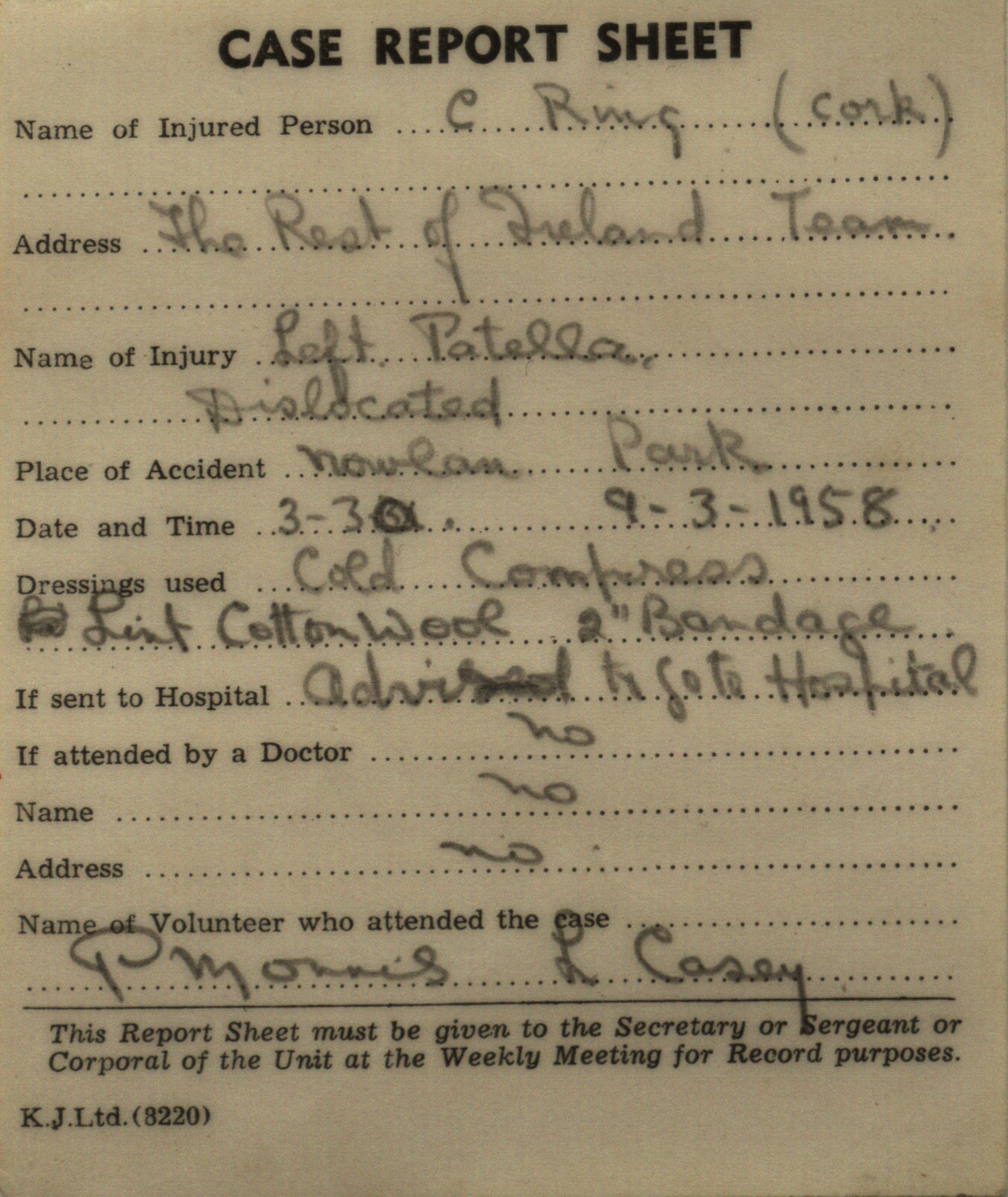 This case report sheet details injuries suffered by Christy Ring at a match in Nowlan Park, Kilkenny, in March 1958. Gaelic players could, and often did, miss substantial periods of work as a result of injuries received during matches or training.