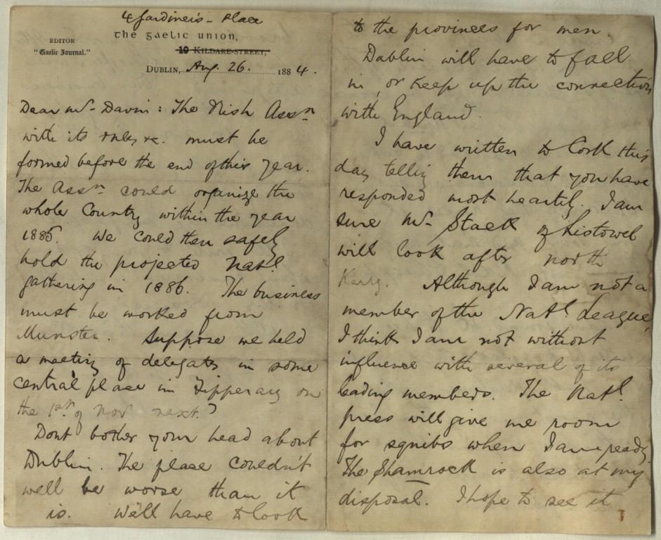 A letter from Michael Cusack to Maurice Davin discussing the setting up of the GAA and fixing the date for the first meeting.