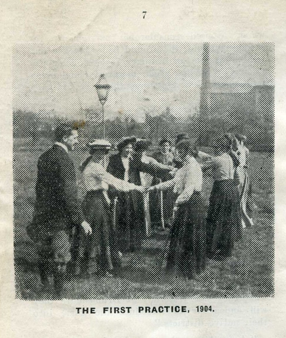Cumann Camógaíochta na nGael was founded in 1904. This photograph was taken at the first camogie practice in that same year.