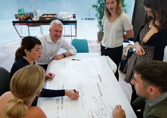 group gathers in circle and writes on large piece of paper