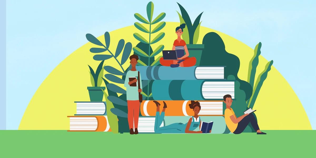 illustration: people sitting in front of a pile of books in a field 