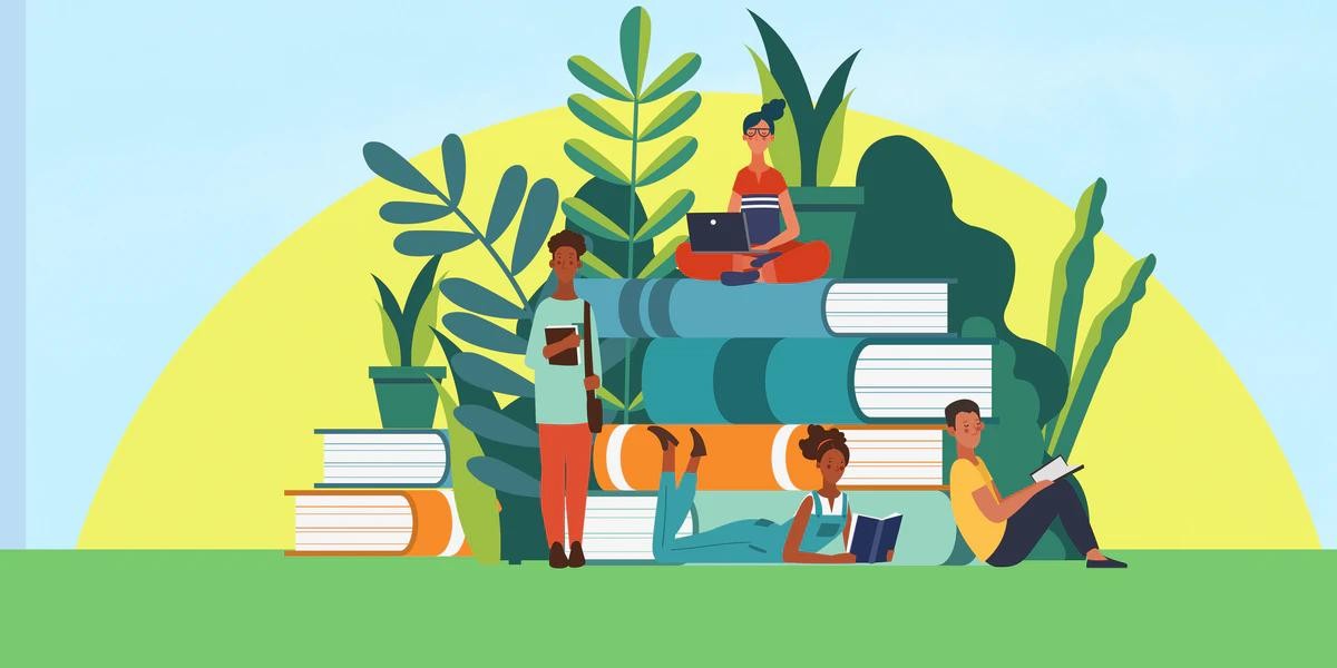 illustration: people sitting in front of a pile of books in a field