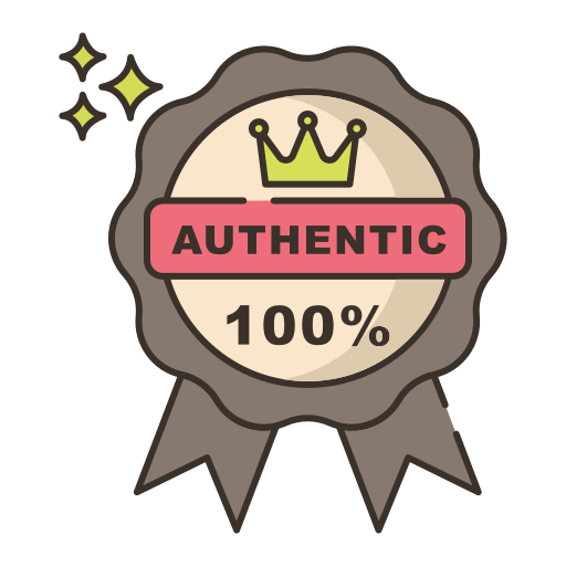 illustration of an award ribbon that reads "authentic, 100%"
