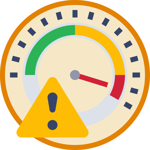 illustration of a meter pointing to a red area, with a "caution" sign