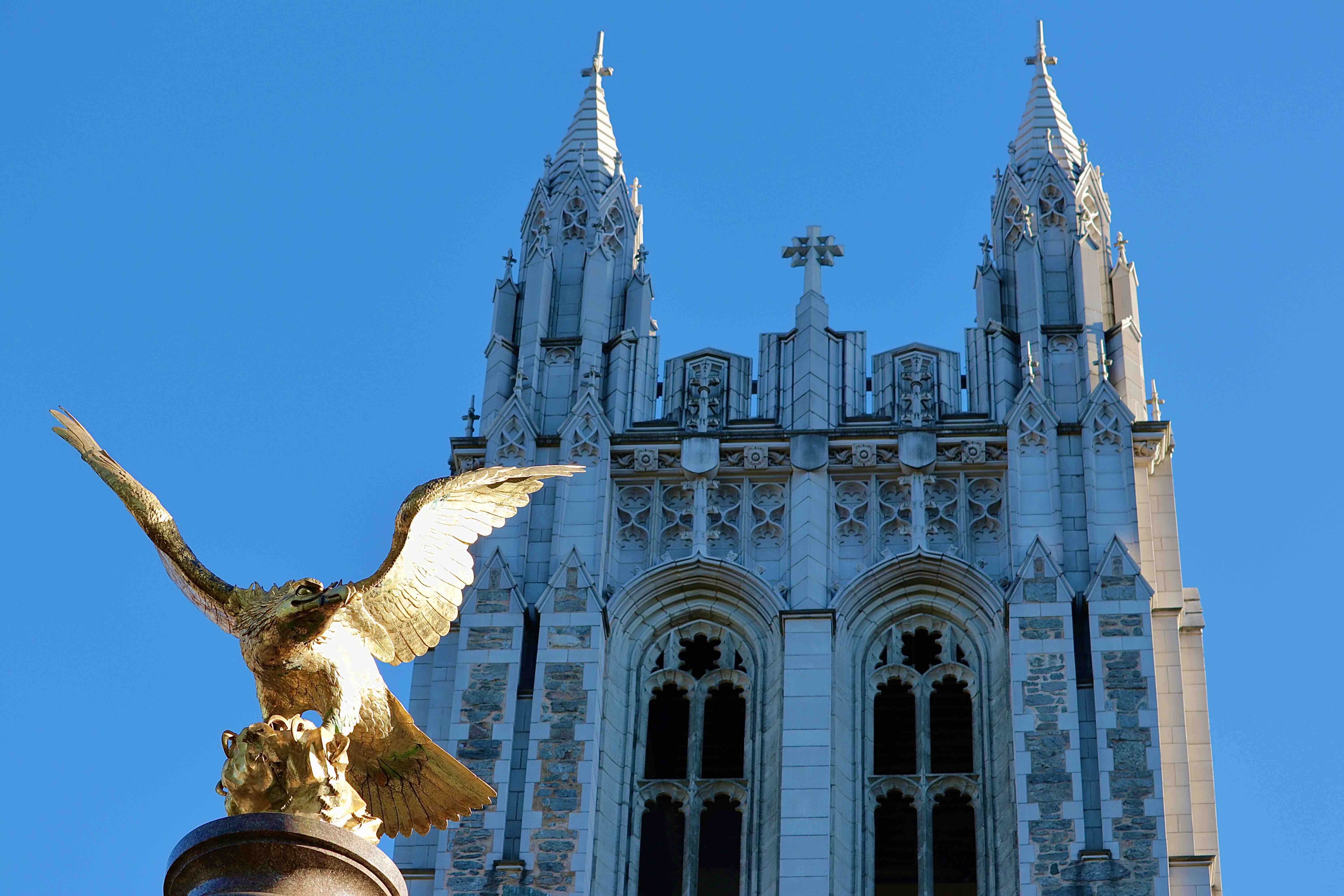 Gasson Hall and the eagle statue.