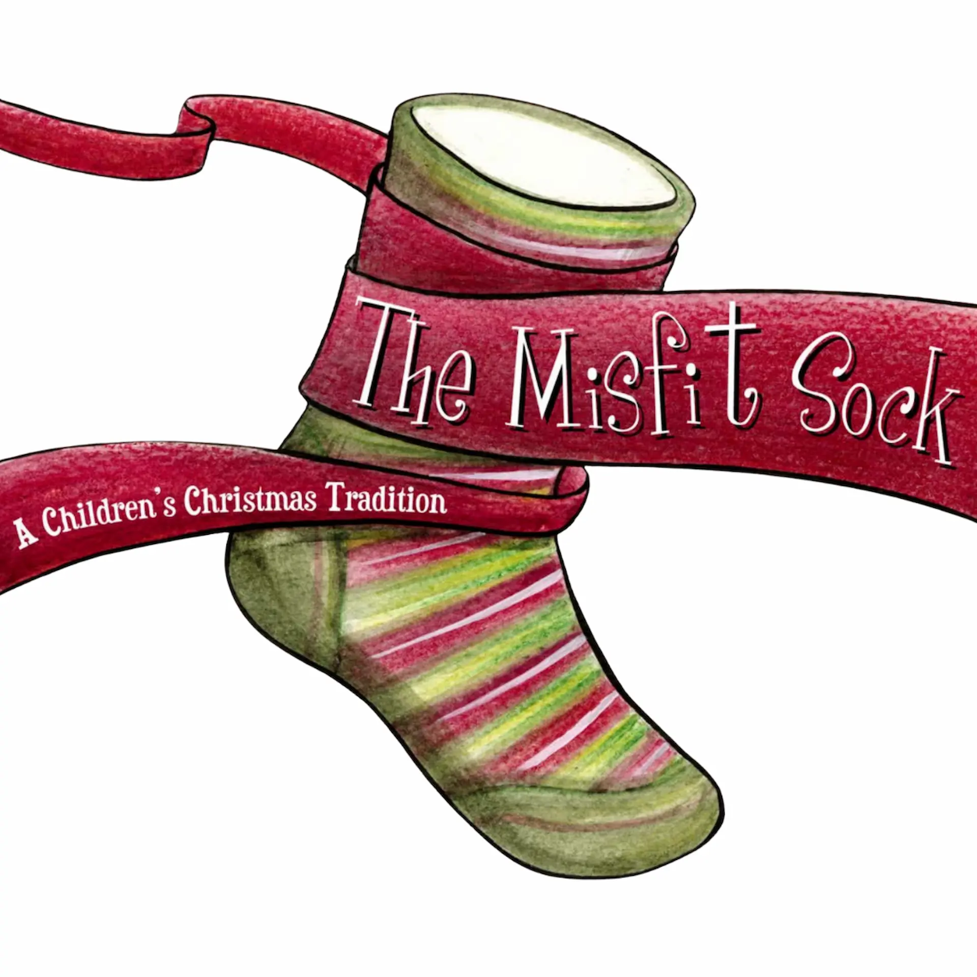 Red and green striped sock with "The Misfit Sock: A Children's Christmas Tradition" on red ribbon.