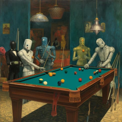 An AI-generated collage by Max Ernst of robots playing billiards