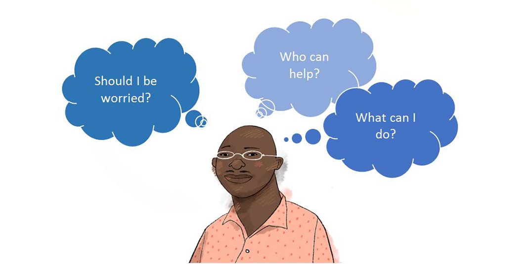 An illustration of a man with thought bubbles reading "should I be worried?"
