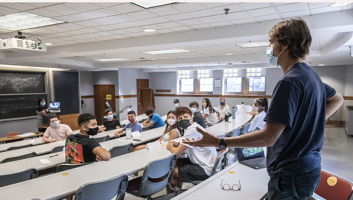 Masked students in a classroom in Fulton