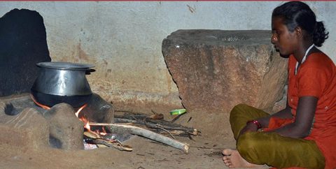 A woman uses a traditional cookstove in a village in Andhra Pradesh, India