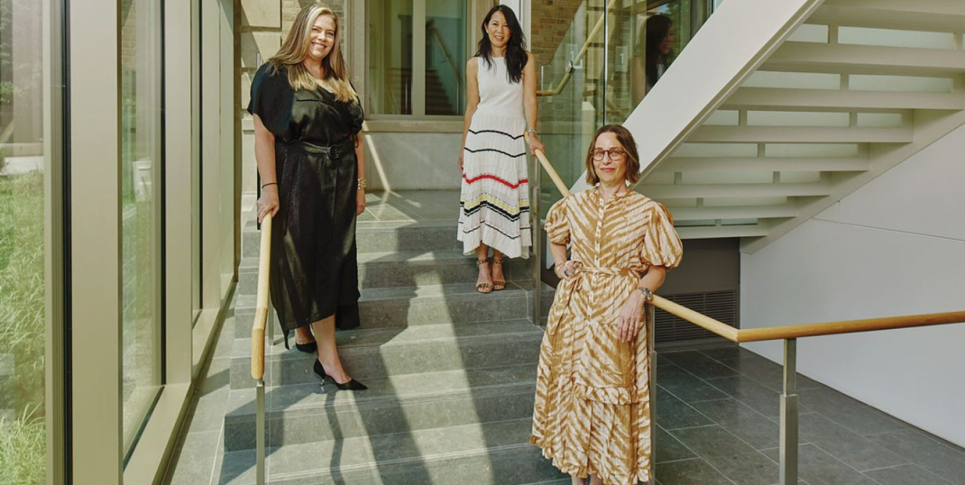 Dee Elms ’95, Cecilia Walker ‘90, and Katie Rosenfeld ’90, photographed at Boston College's McMullen Museum of Art.  Photo: Tony Luong 